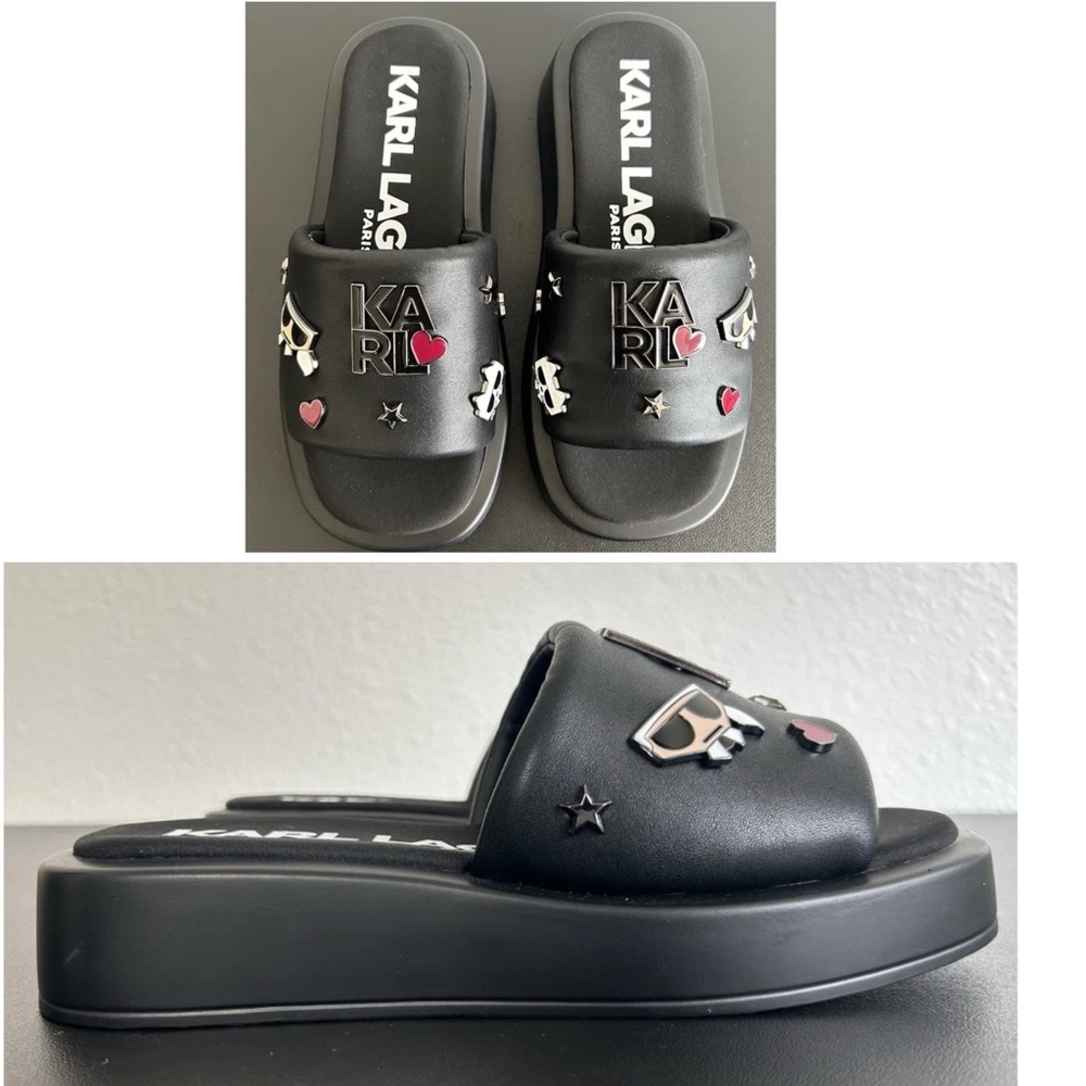 NEW KARL LAGERFELD OZELLA BLACK PLATFORM SLIDE SANDAL SIZE 6M LOGO CHARMS